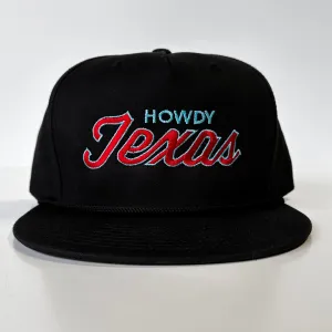 The Oiler Howdy Texas Red & Blue Script Black Rope Snapback Cap Hat Custom Embroidered