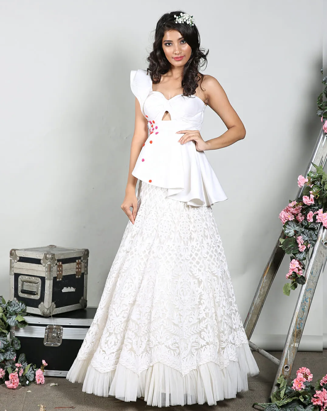 The White Peplum Lucknowi Lehenga