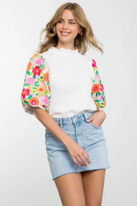 THML Embroidered Puff Sleeve Top