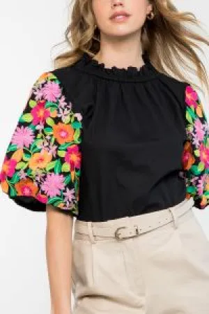 THML Embroidered Puff Sleeve Top