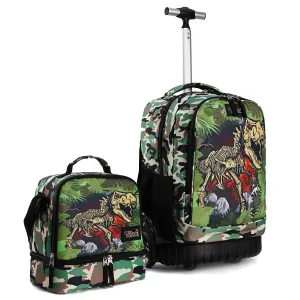 Tilami Green Dinosaur 19 inch Kids Rolling Backpack with Matching Lunch Bag