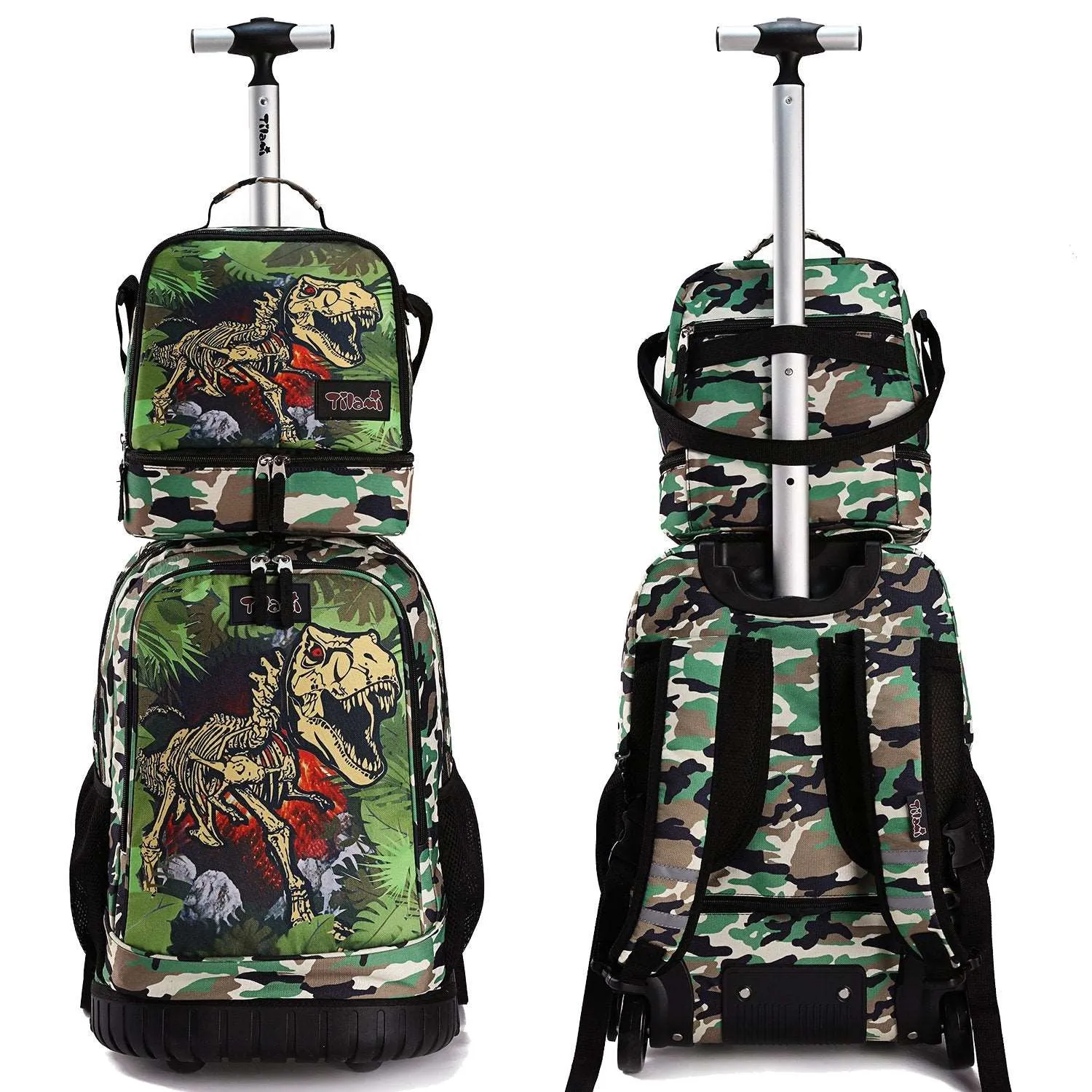 Tilami Green Dinosaur 19 inch Kids Rolling Backpack with Matching Lunch Bag