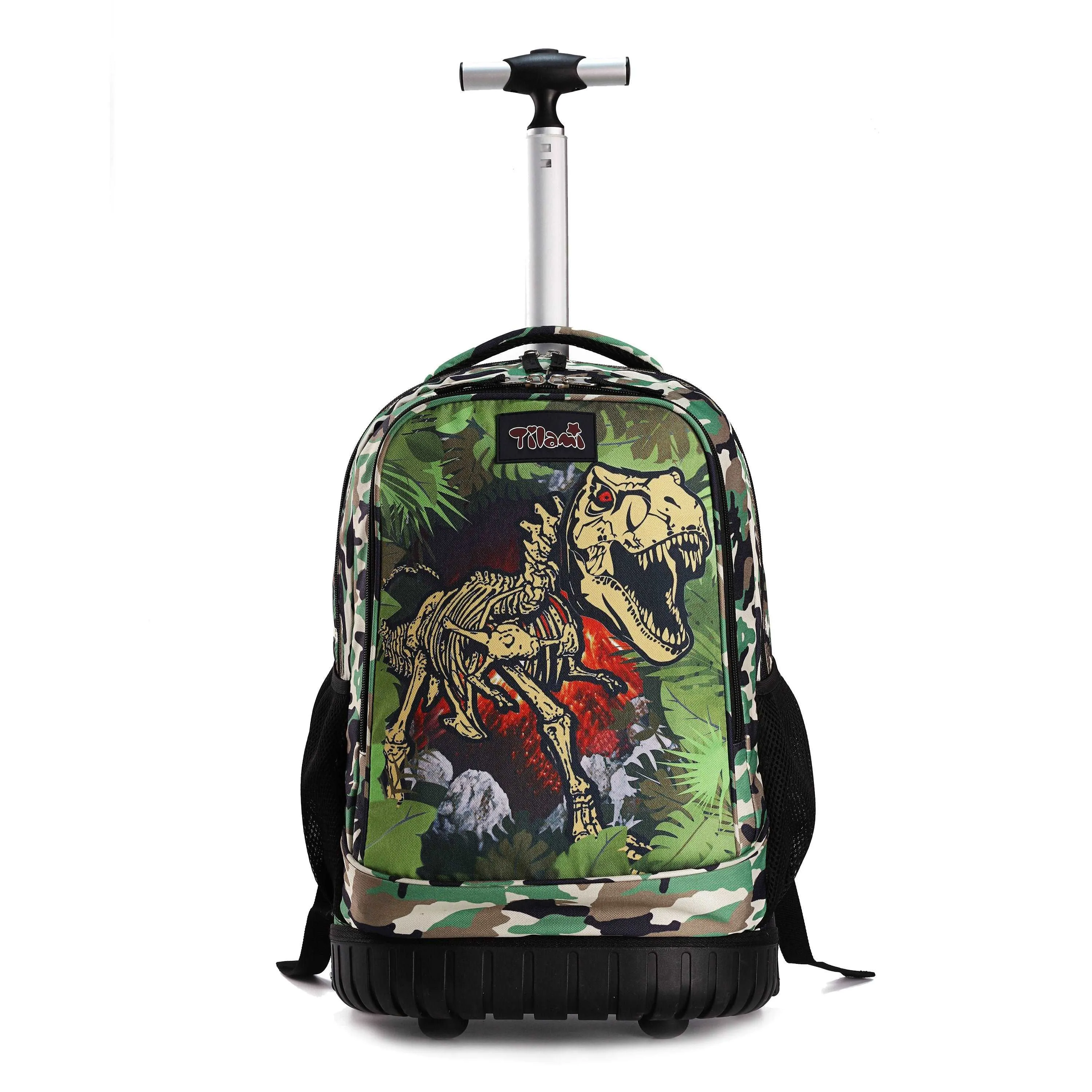 Tilami Green Dinosaur 19 inch Kids Rolling Backpack with Matching Lunch Bag