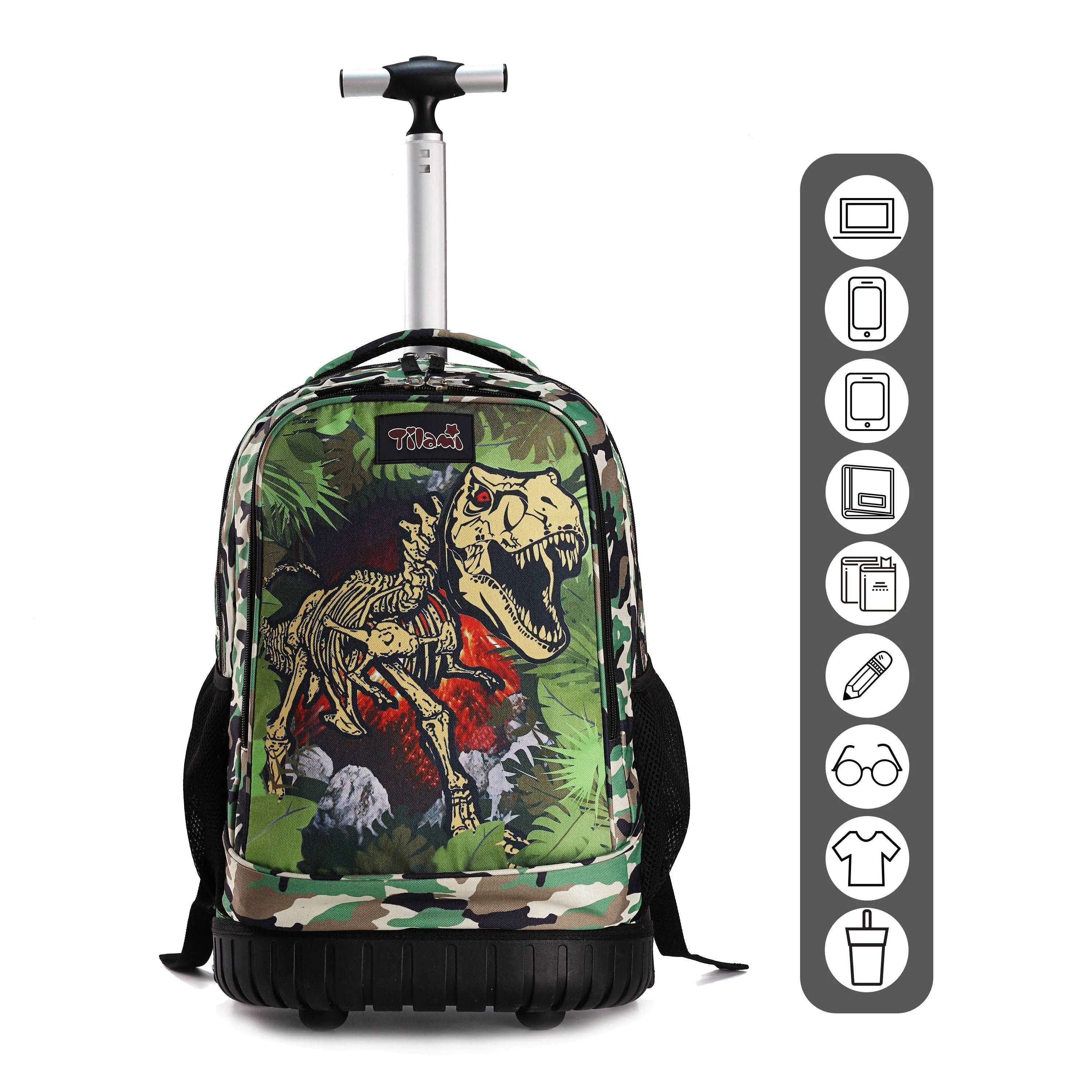 Tilami Green Dinosaur 19 inch Kids Rolling Backpack with Matching Lunch Bag