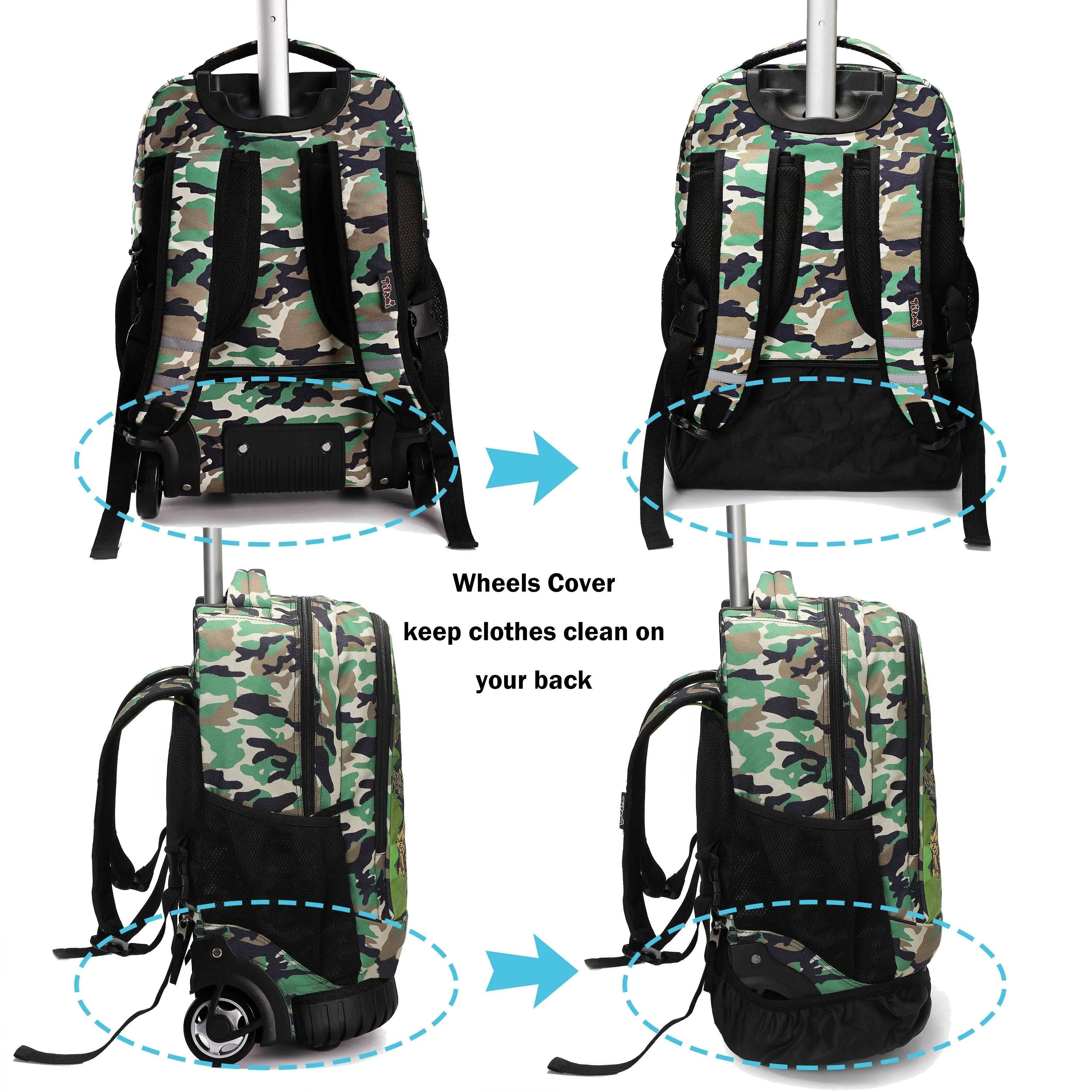 Tilami Green Dinosaur 19 inch Kids Rolling Backpack with Matching Lunch Bag