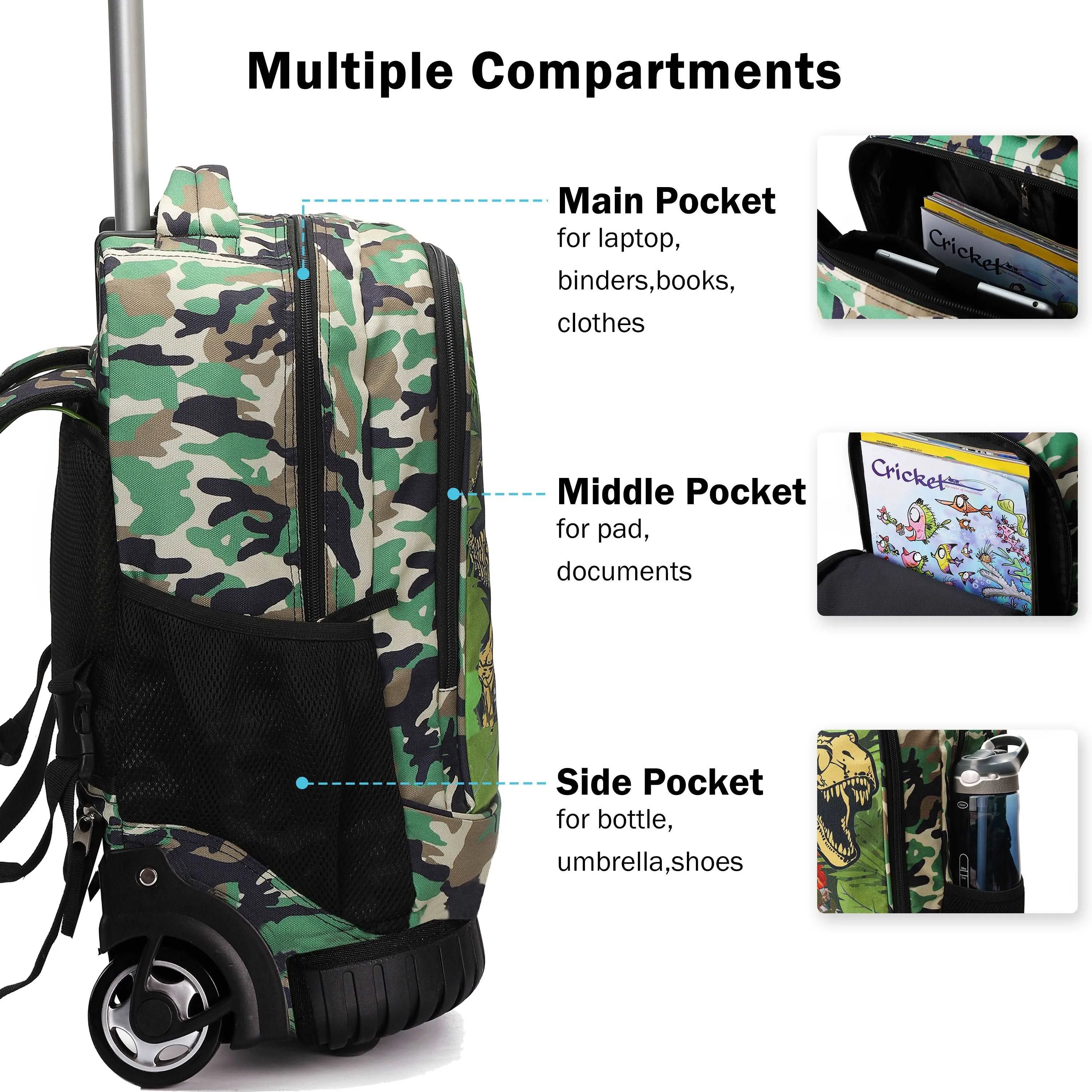 Tilami Green Dinosaur 19 inch Kids Rolling Backpack with Matching Lunch Bag