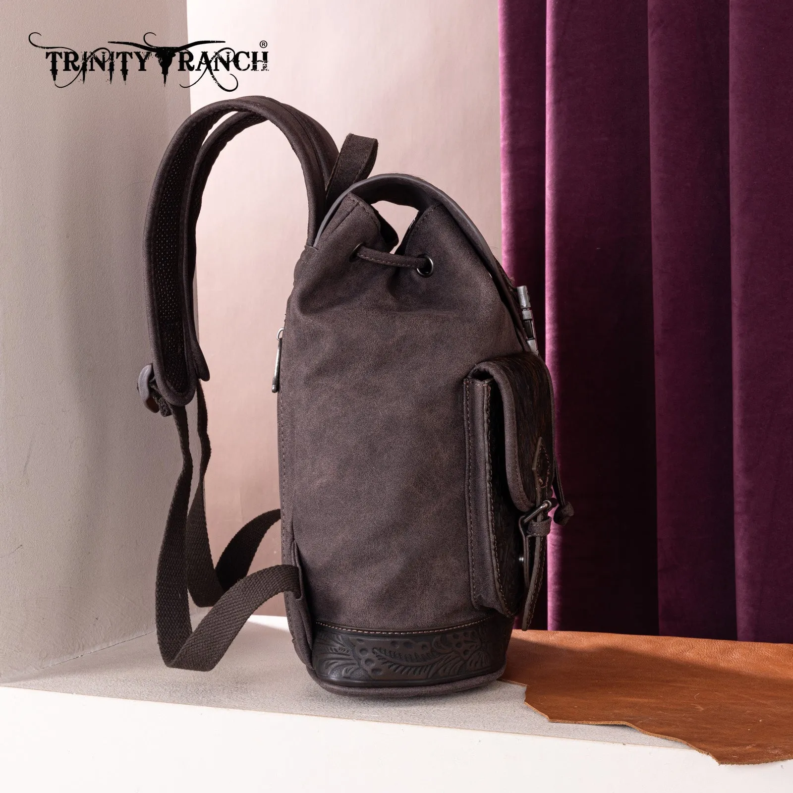 TR185-9110   Trinity Ranch Genuine Hair-On Cowhide Tooled Backpack - Coffee