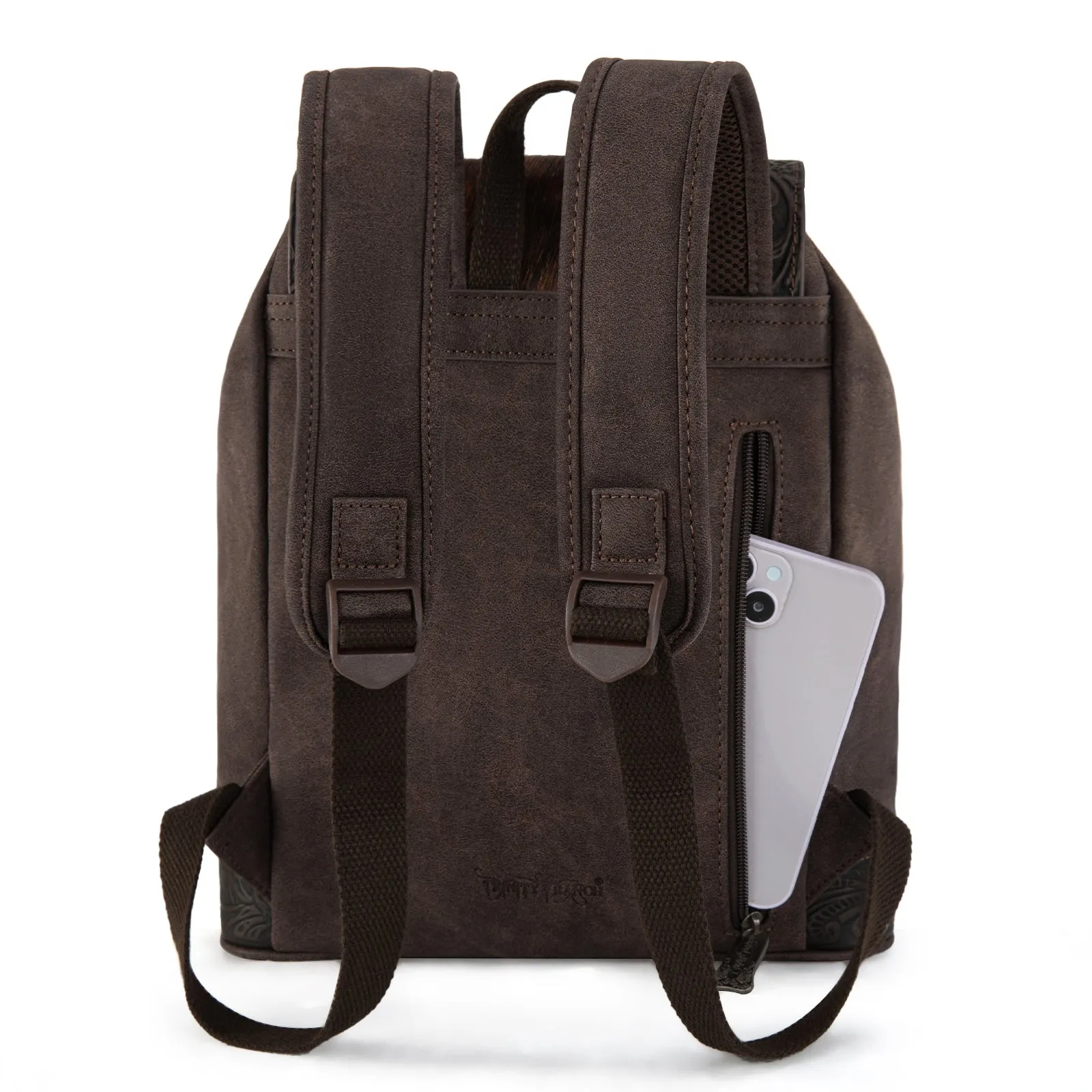 TR185-9110   Trinity Ranch Genuine Hair-On Cowhide Tooled Backpack - Coffee
