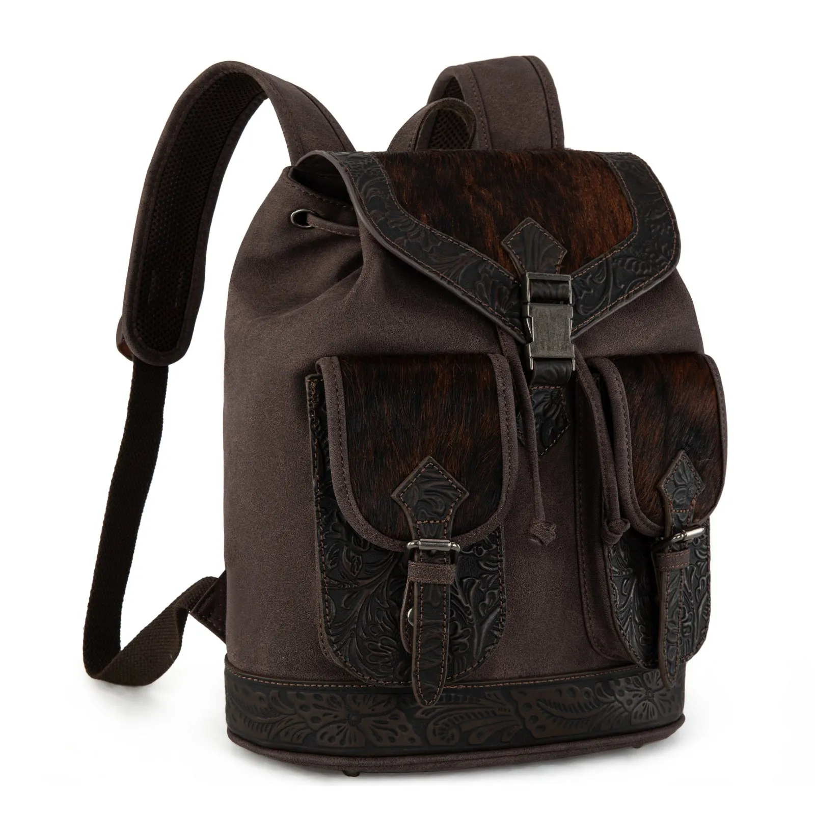 TR185-9110   Trinity Ranch Genuine Hair-On Cowhide Tooled Backpack - Coffee