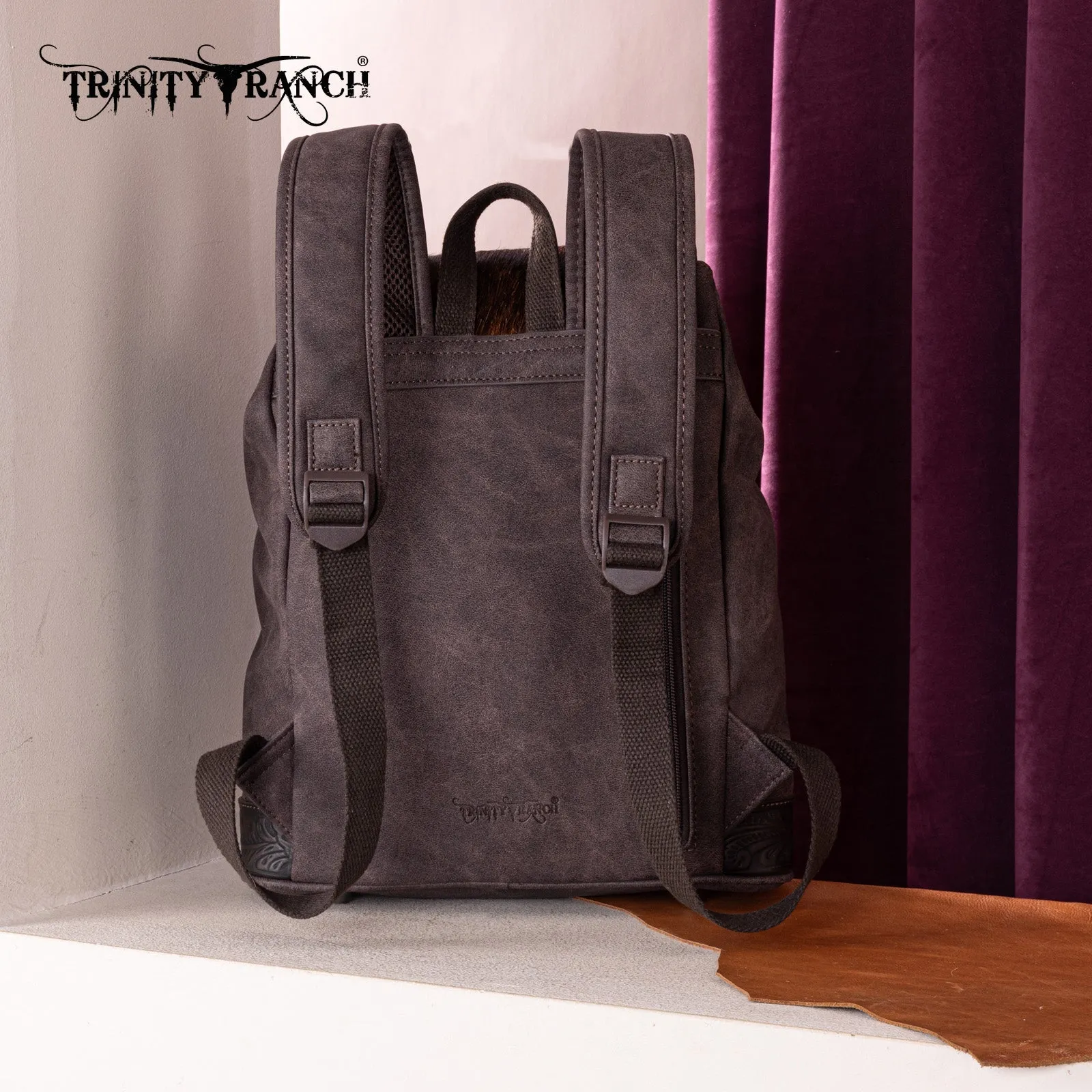 TR185-9110   Trinity Ranch Genuine Hair-On Cowhide Tooled Backpack - Coffee