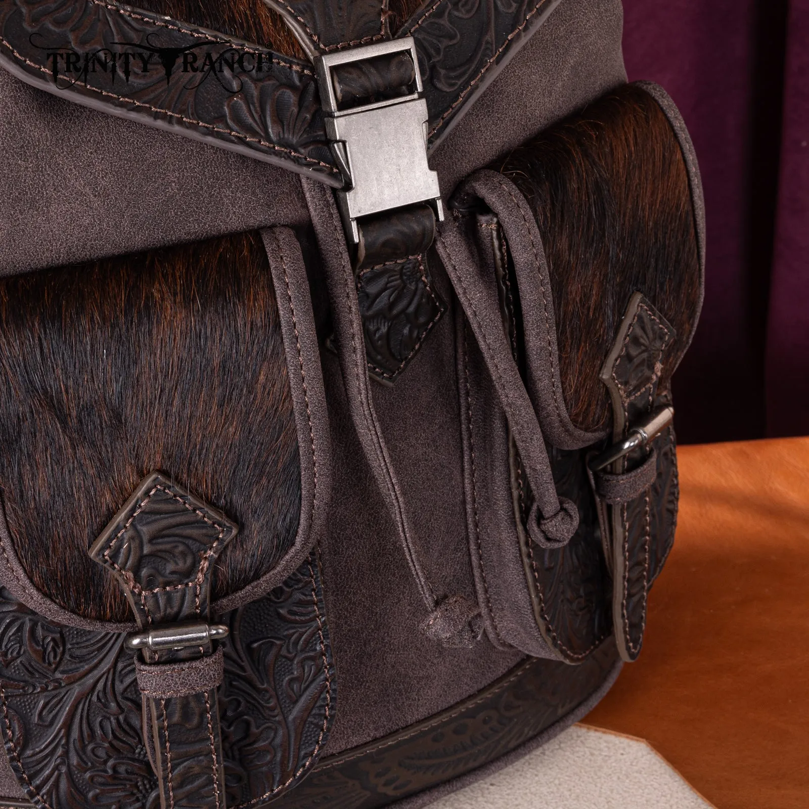 TR185-9110   Trinity Ranch Genuine Hair-On Cowhide Tooled Backpack - Coffee