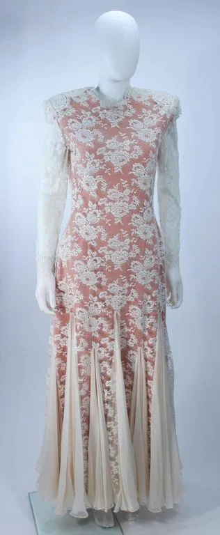 TRAVILLA Lace Gown with Nude Underlay Size 4-6