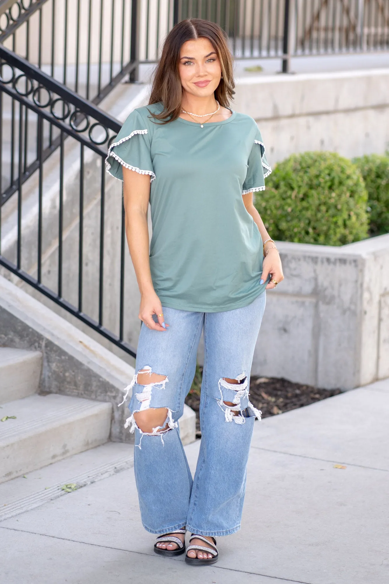 Trim Flutter Sleeve Round Neck T-Shirt