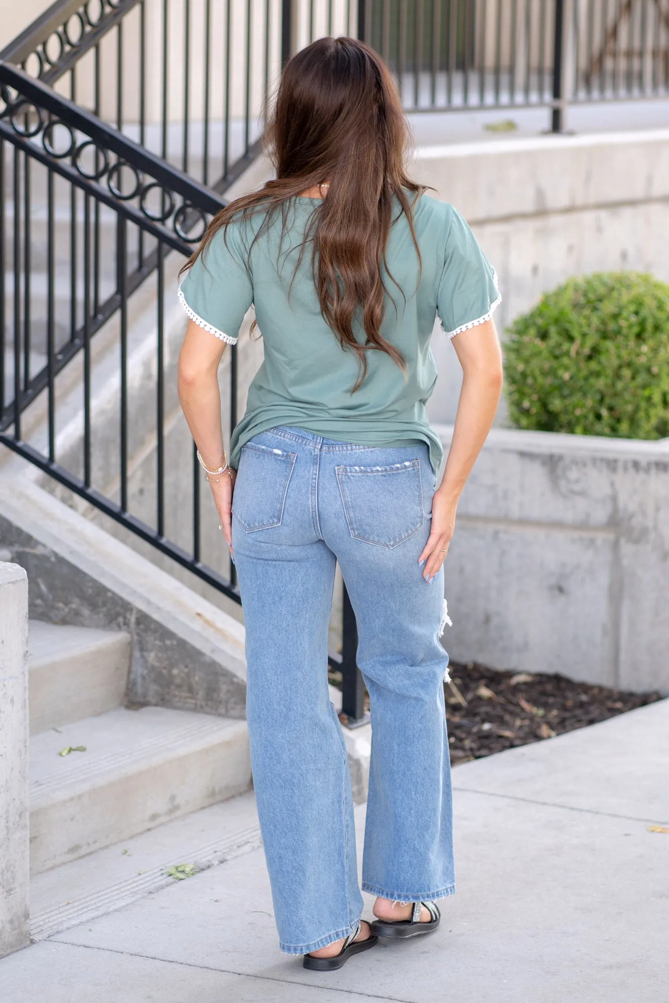Trim Flutter Sleeve Round Neck T-Shirt