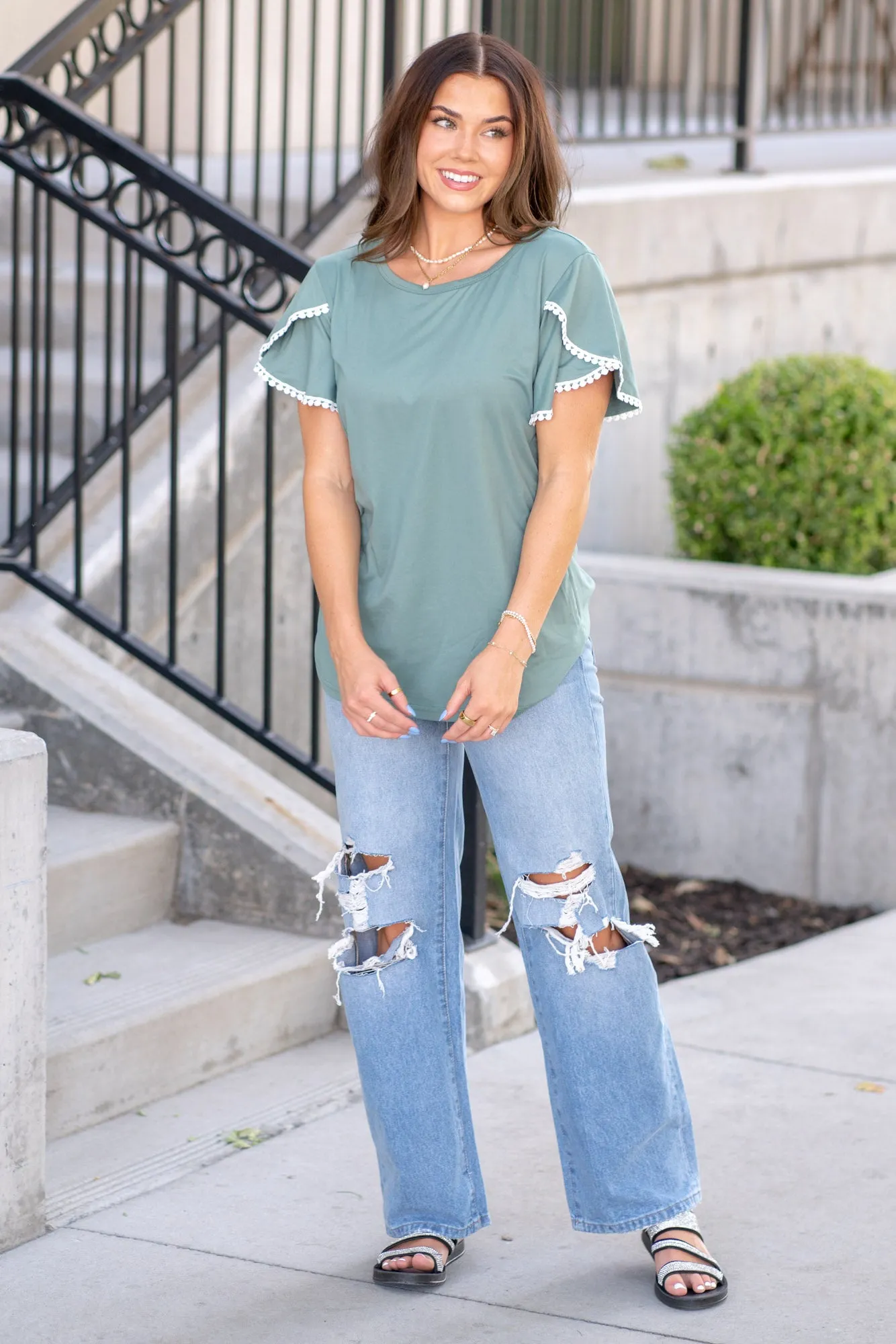 Trim Flutter Sleeve Round Neck T-Shirt
