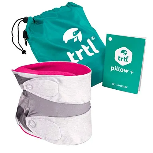 trtl Pillow Plus, Travel Pillow - Fully Adjustable Neck Pillow for Airplane Travel, Car, Bus and Rail. (Pink) Includes Water Proof Carry Bag and Setup Guide Travel Accessories
