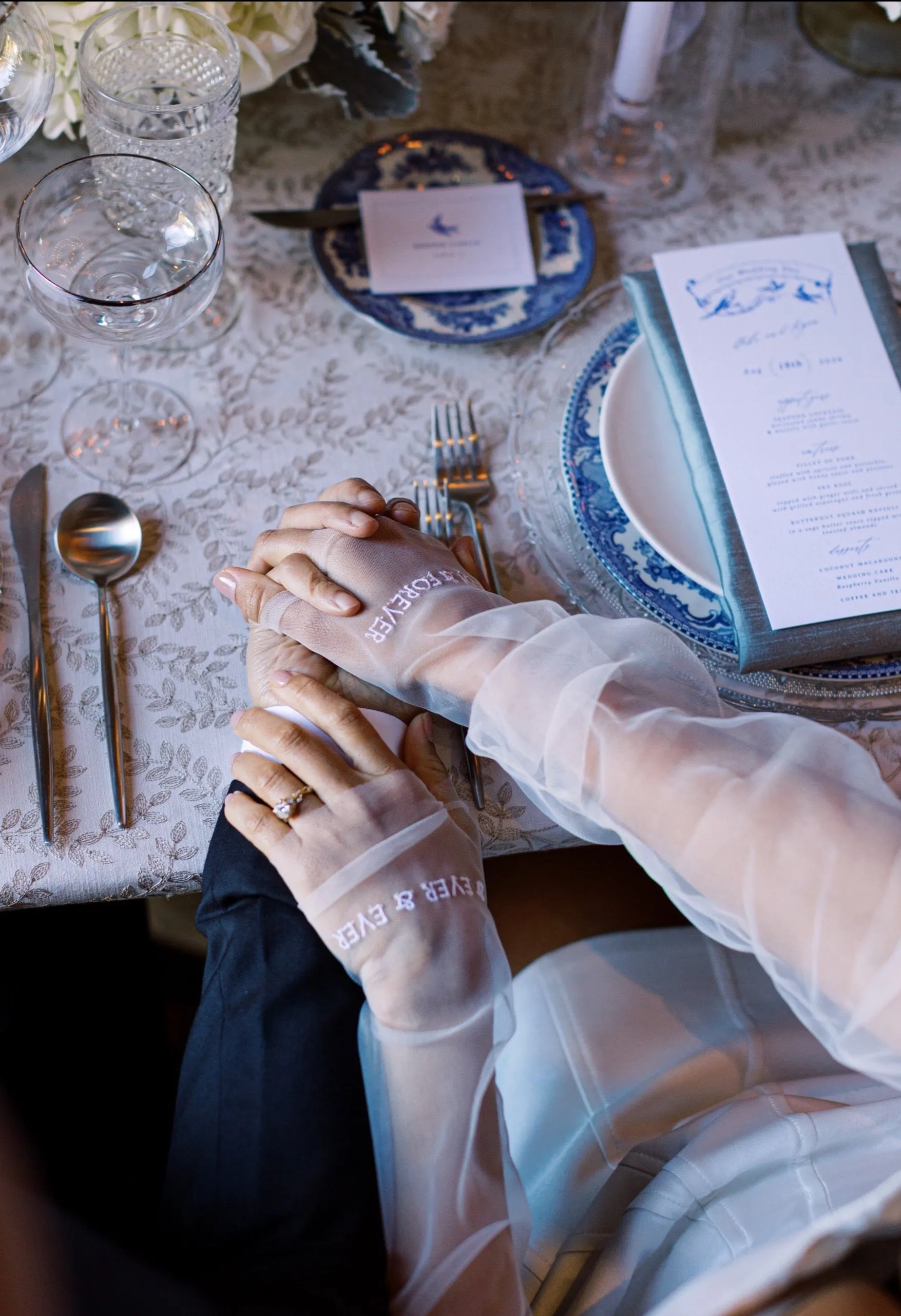 Tulle Fingerless Bridal Glove Set with Embroidered Last Name
