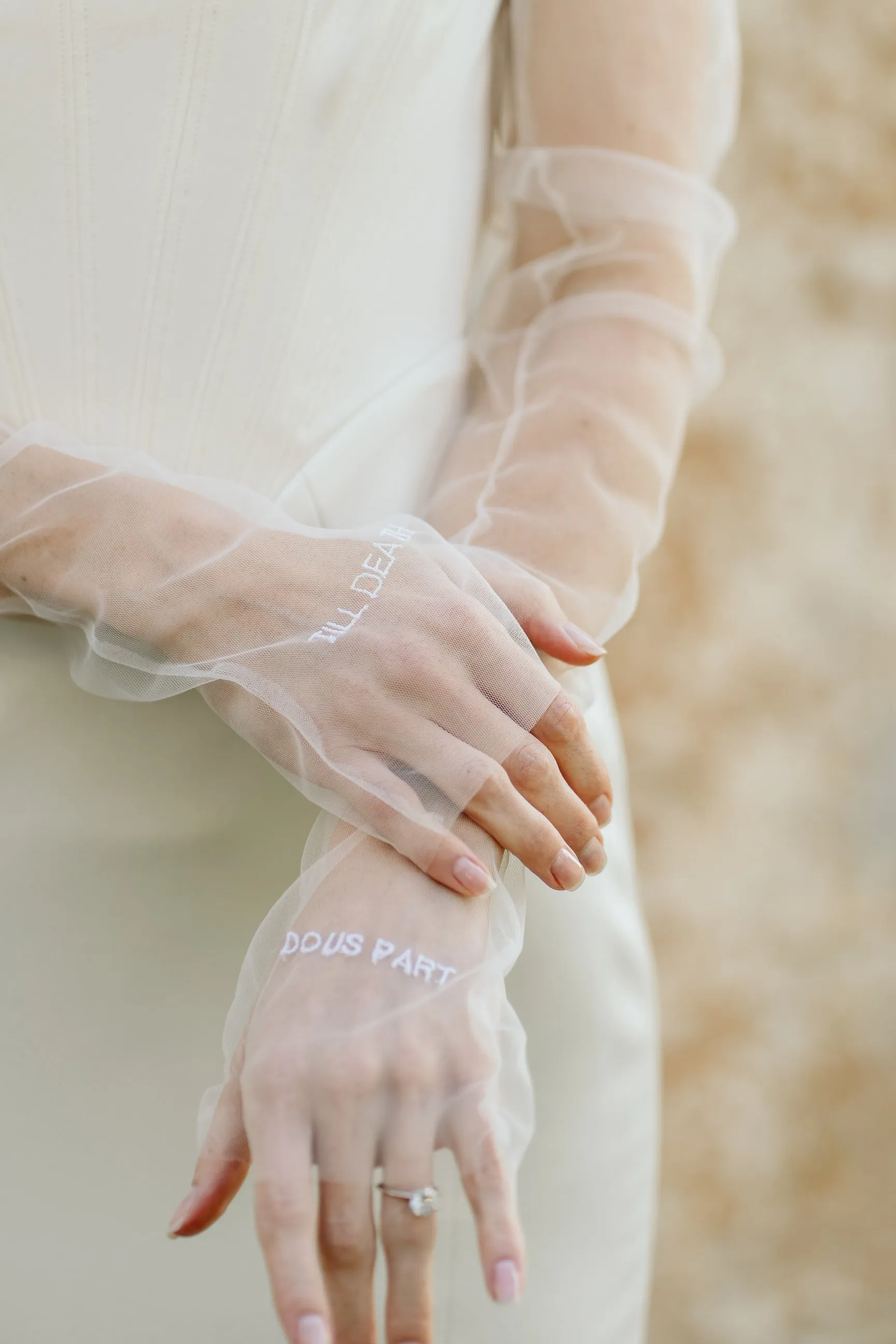 Tulle Fingerless Bridal Glove Set with Embroidered Last Name