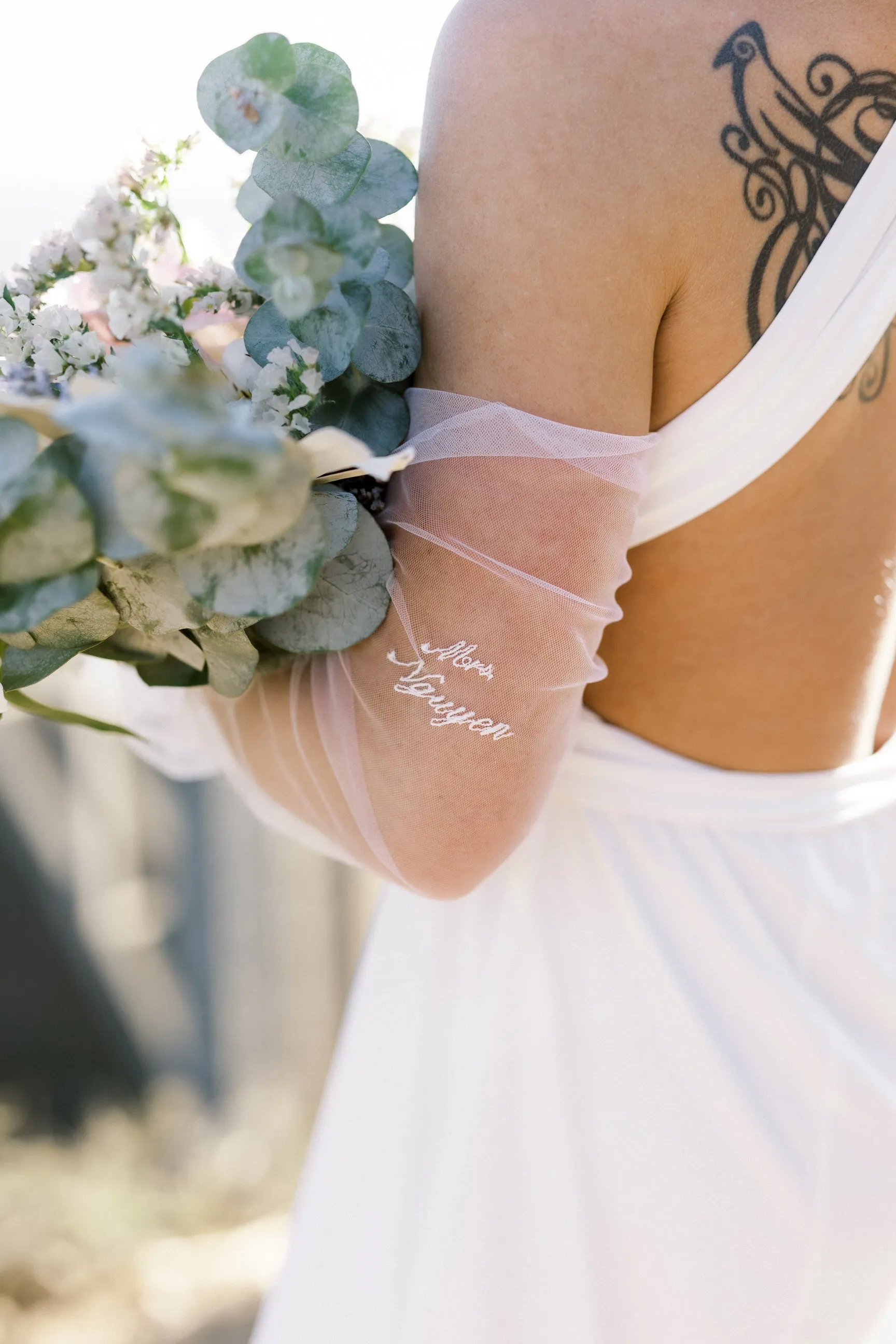 Tulle Fingerless Bridal Glove Set with Embroidered Last Name