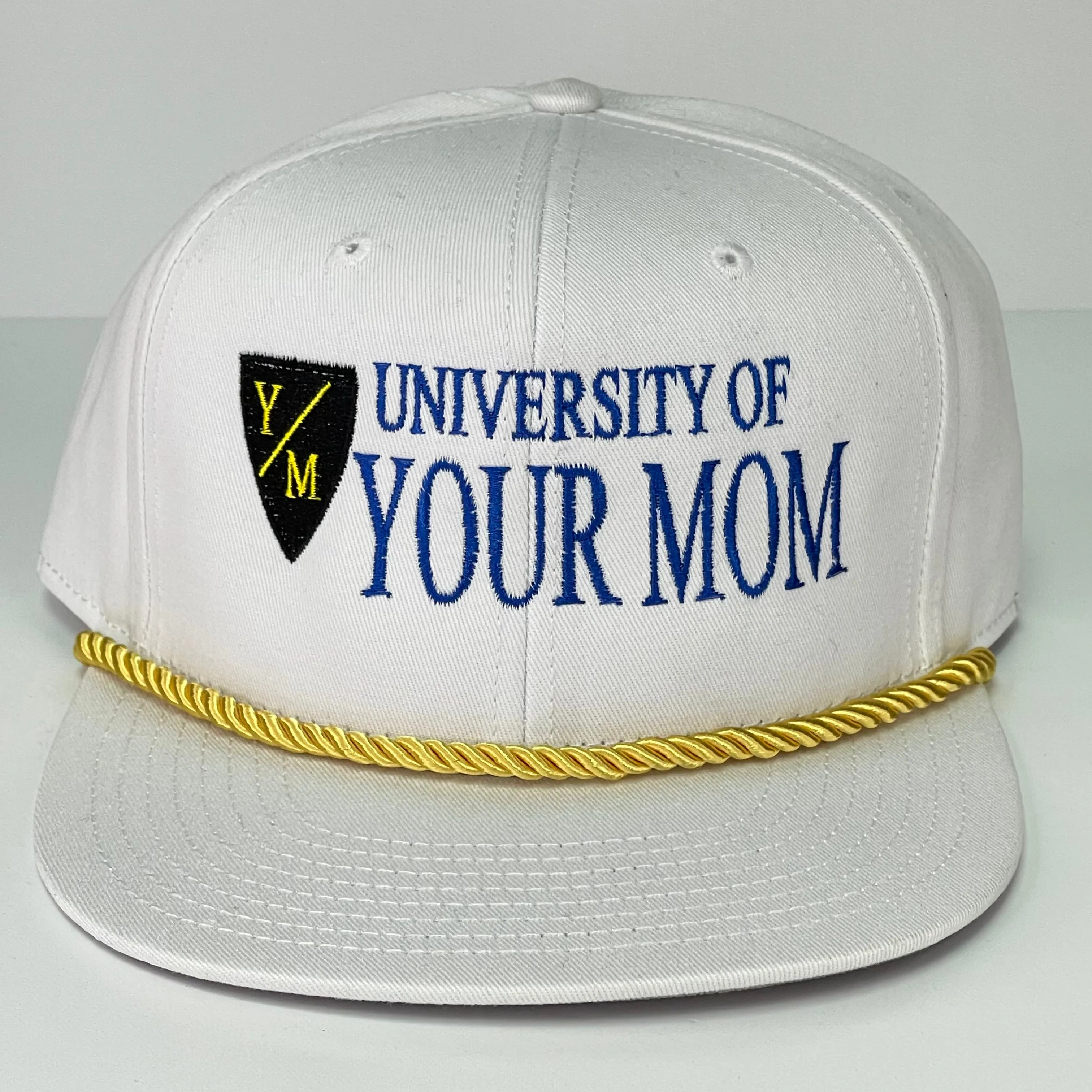 University of Your Mom Vintage White Snapback Hat Cap with Rope Custom Embroidered