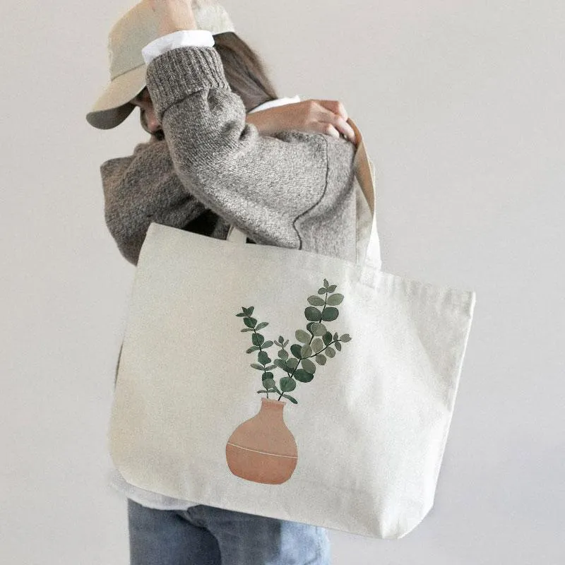 VASE AND LEAVES CANVAS BAG