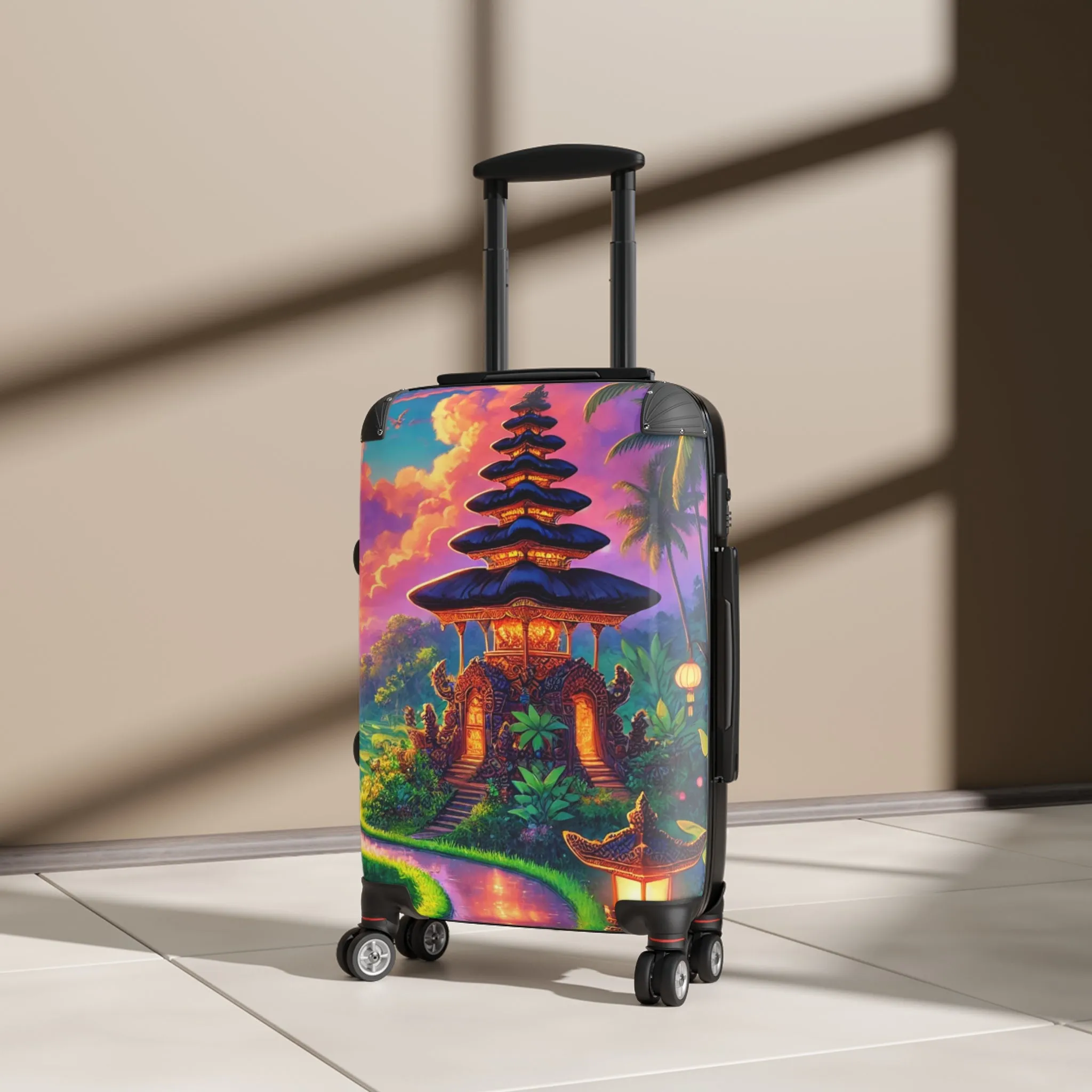 Vibrant Travel Suitcase with Asian Temple Design