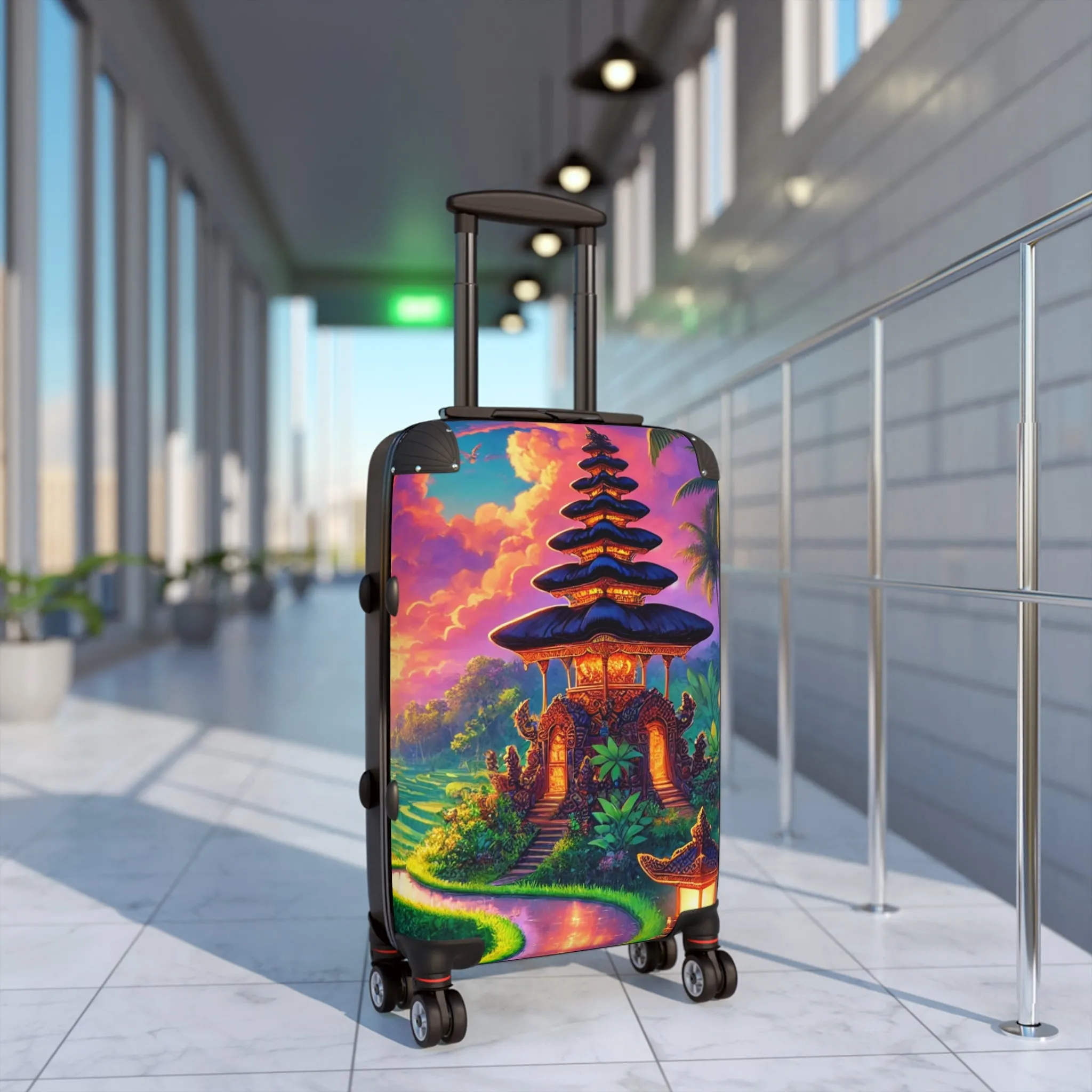 Vibrant Travel Suitcase with Asian Temple Design