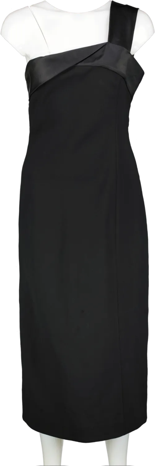 Victoria Beckham Black One Shoulder Satin Trimmed Crepe Midi Dress UK 12