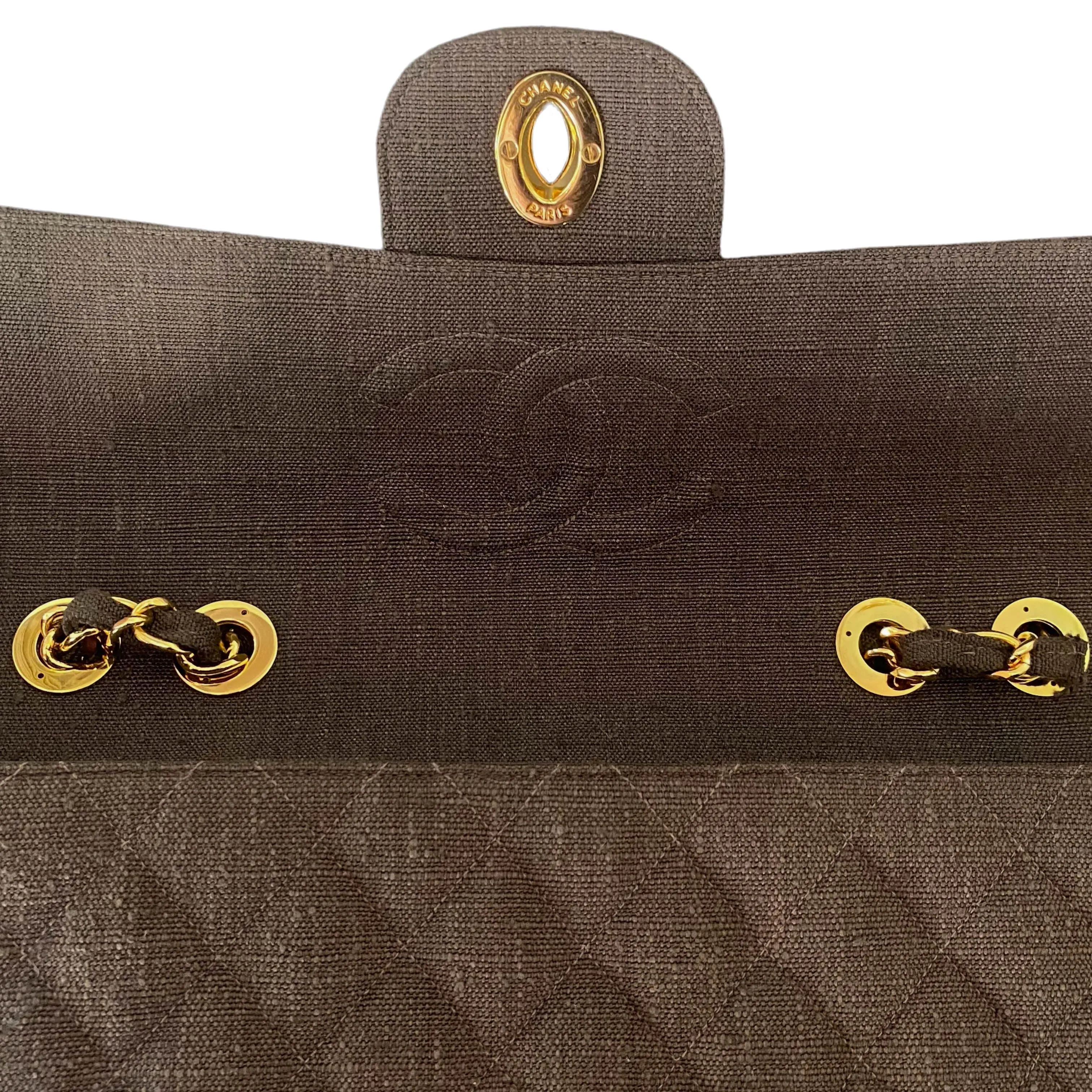 Vintage Brown Linen XL Logo Maxi Jumbo Single Flap Bag
