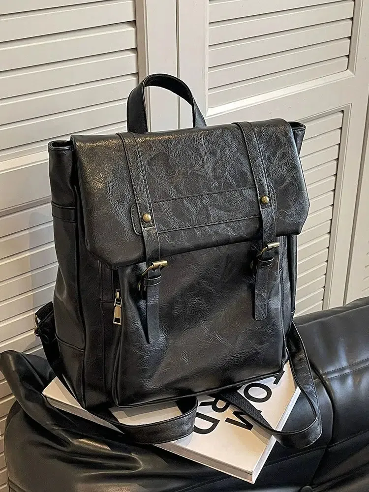 Vintage Buckle Straps Leather Backpack