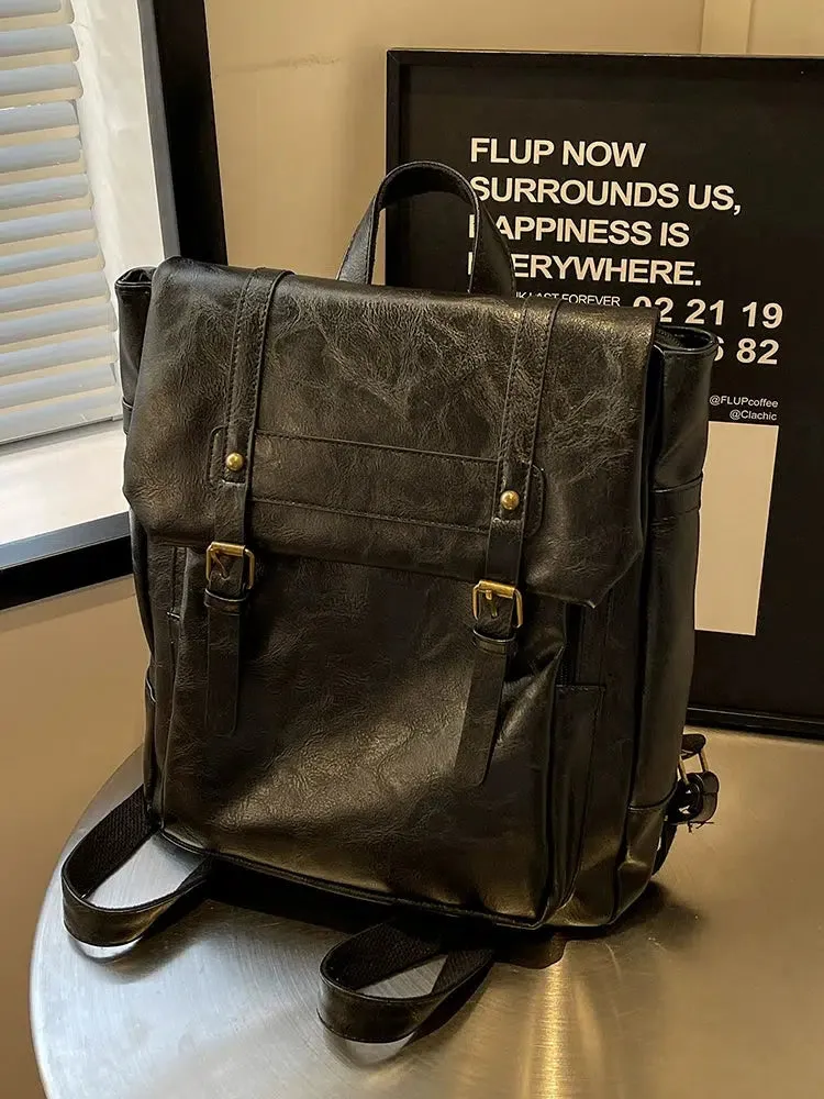 Vintage Buckle Straps Leather Backpack