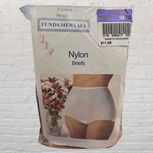 Vintage Fundamentals 3 Pack 100% Nylon Briefs Underwear Panties Beige Size 8 M