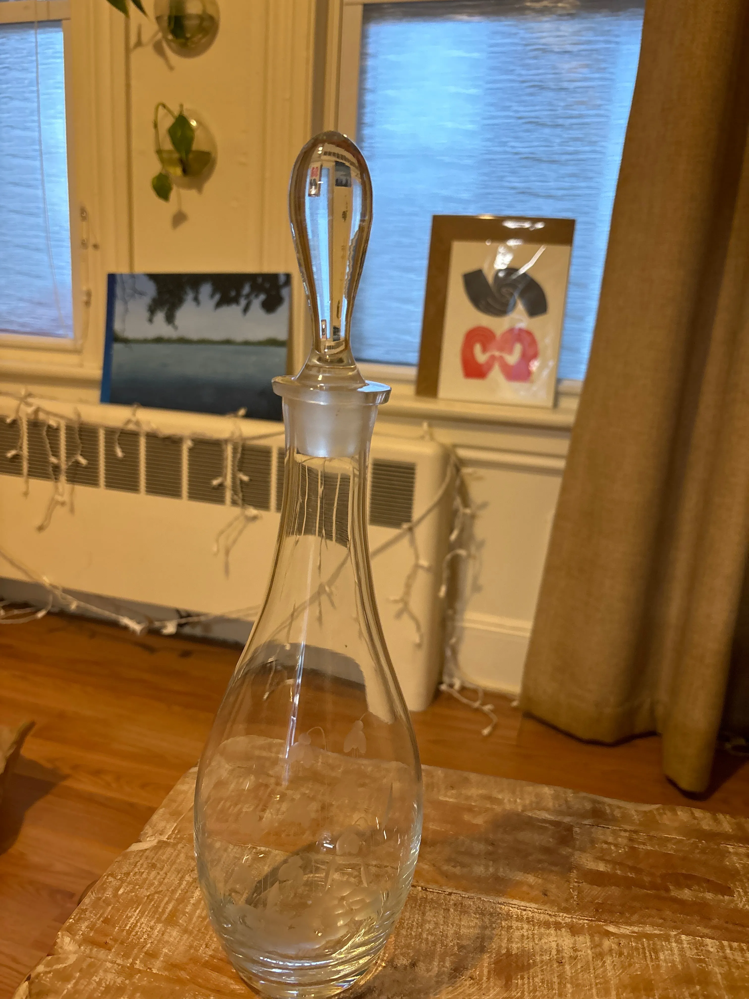 Vintage Handblown Wine Decanter with etched lillie’s of the valley