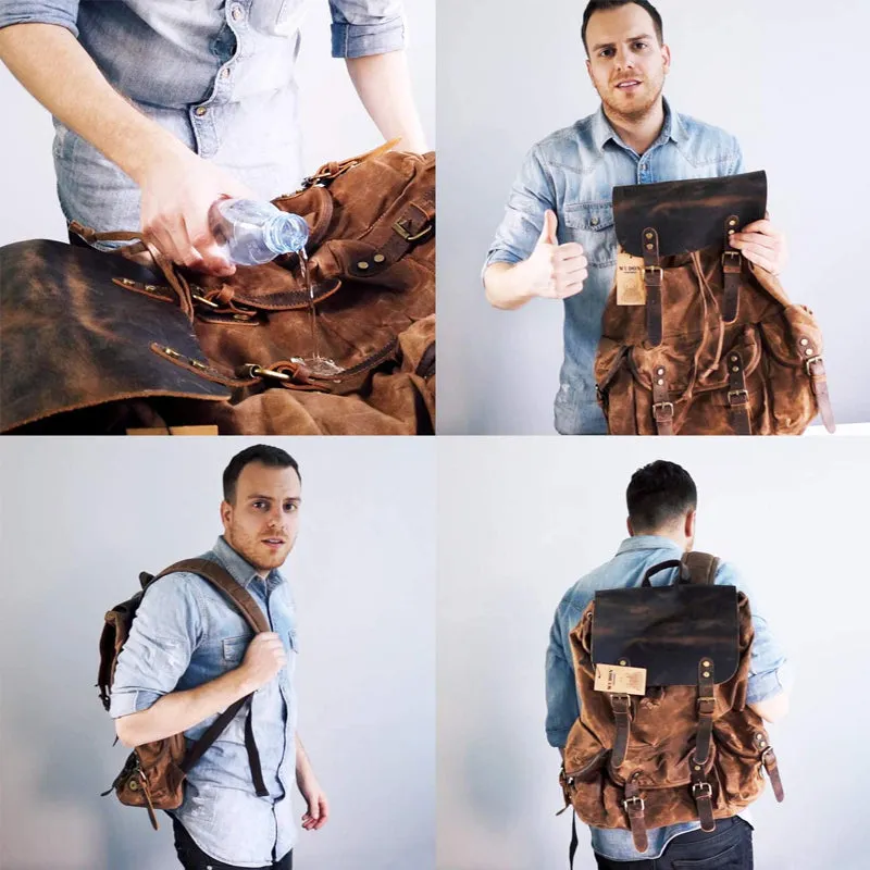 Vintage Leather & Canvas Backpack For Men