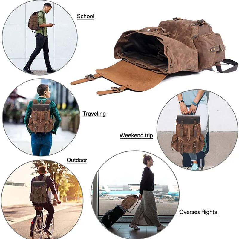 Vintage Leather & Canvas Backpack For Men