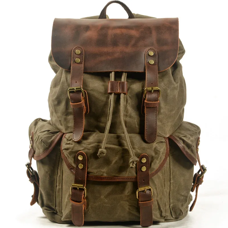Vintage Leather & Canvas Backpack For Men
