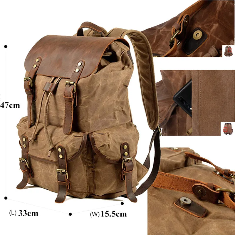 Vintage Leather & Canvas Backpack For Men