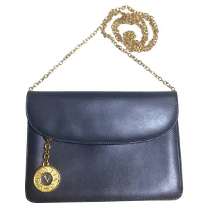 Vintage Valentino Garavani, gray leather chain shoulder bag with golden round V motif charm. Can be clutch bag as well. 060531r7