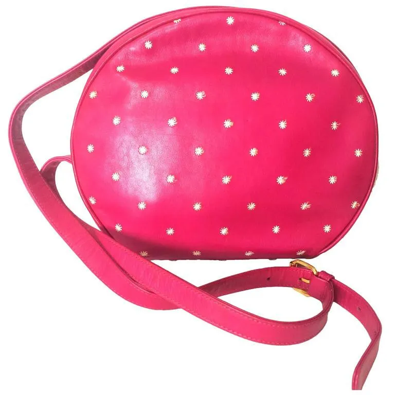 Vintage Valentino Garavani pink leather round shape shoulder purse with white small flower embroideries all over. So chic and cute.