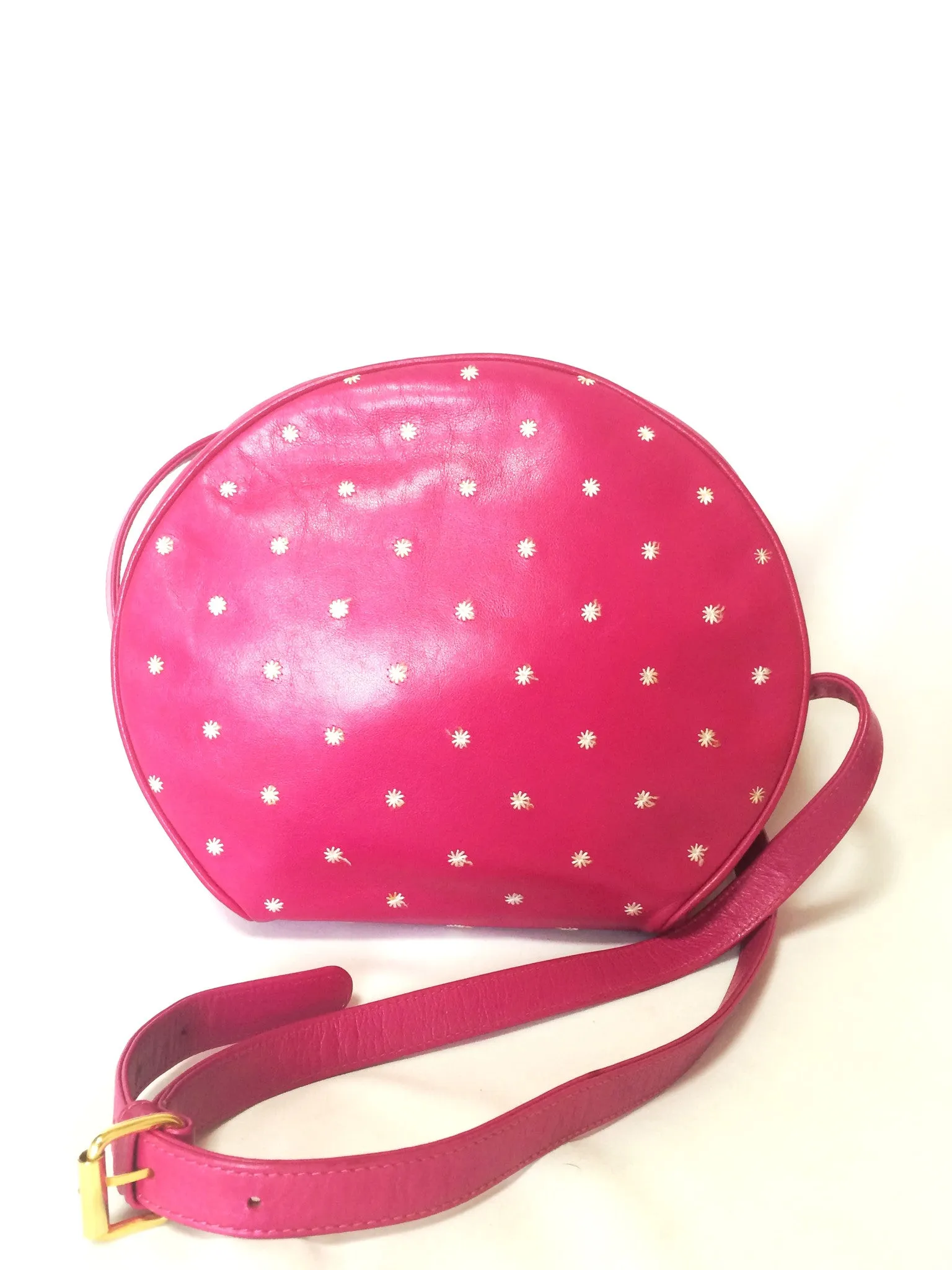 Vintage Valentino Garavani pink leather round shape shoulder purse with white small flower embroideries all over. So chic and cute.