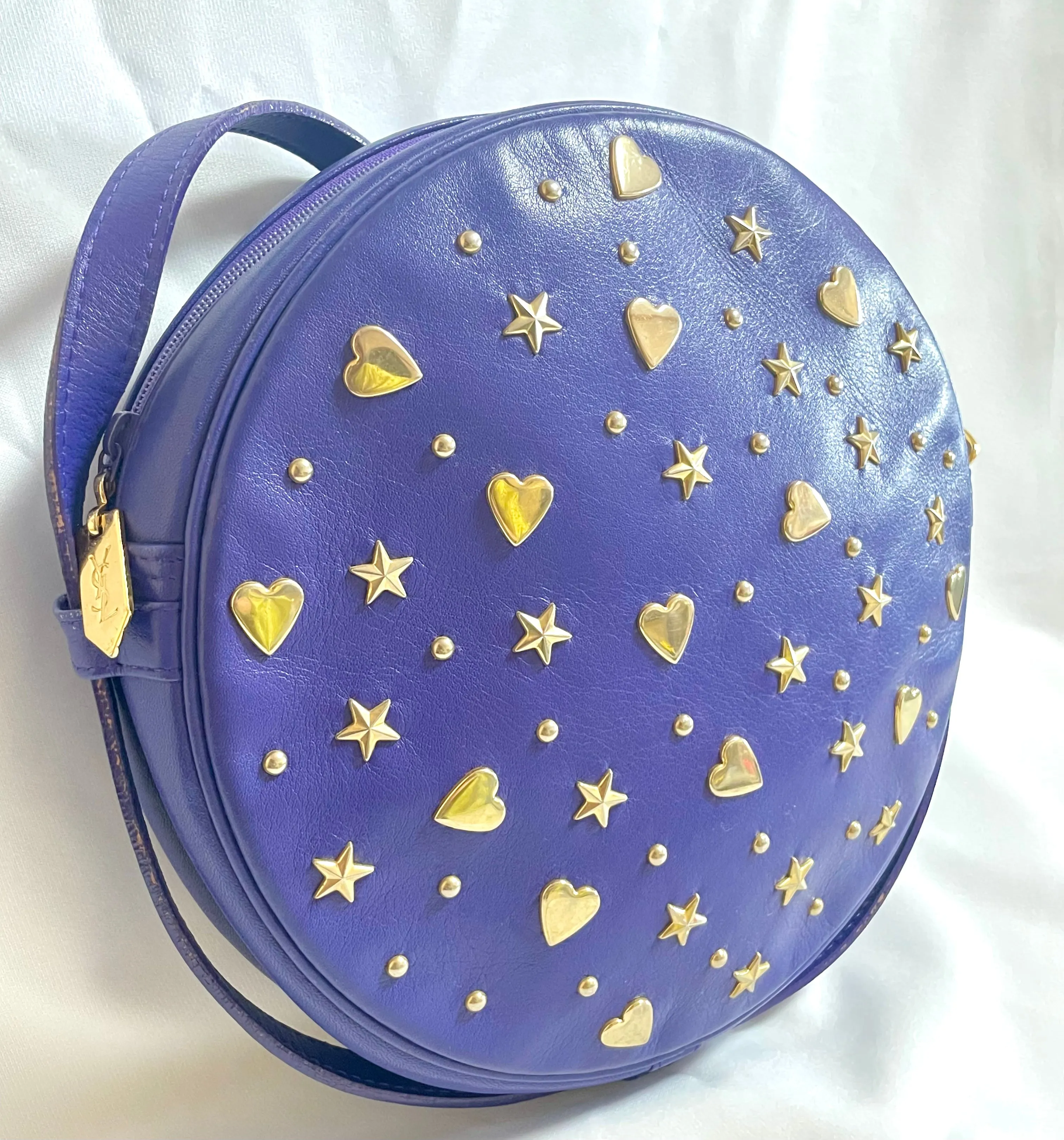 Vintage Yves Saint Laurent purple round bag with heart and star studs. One of a kind leather shoulder bag. 050730ac1