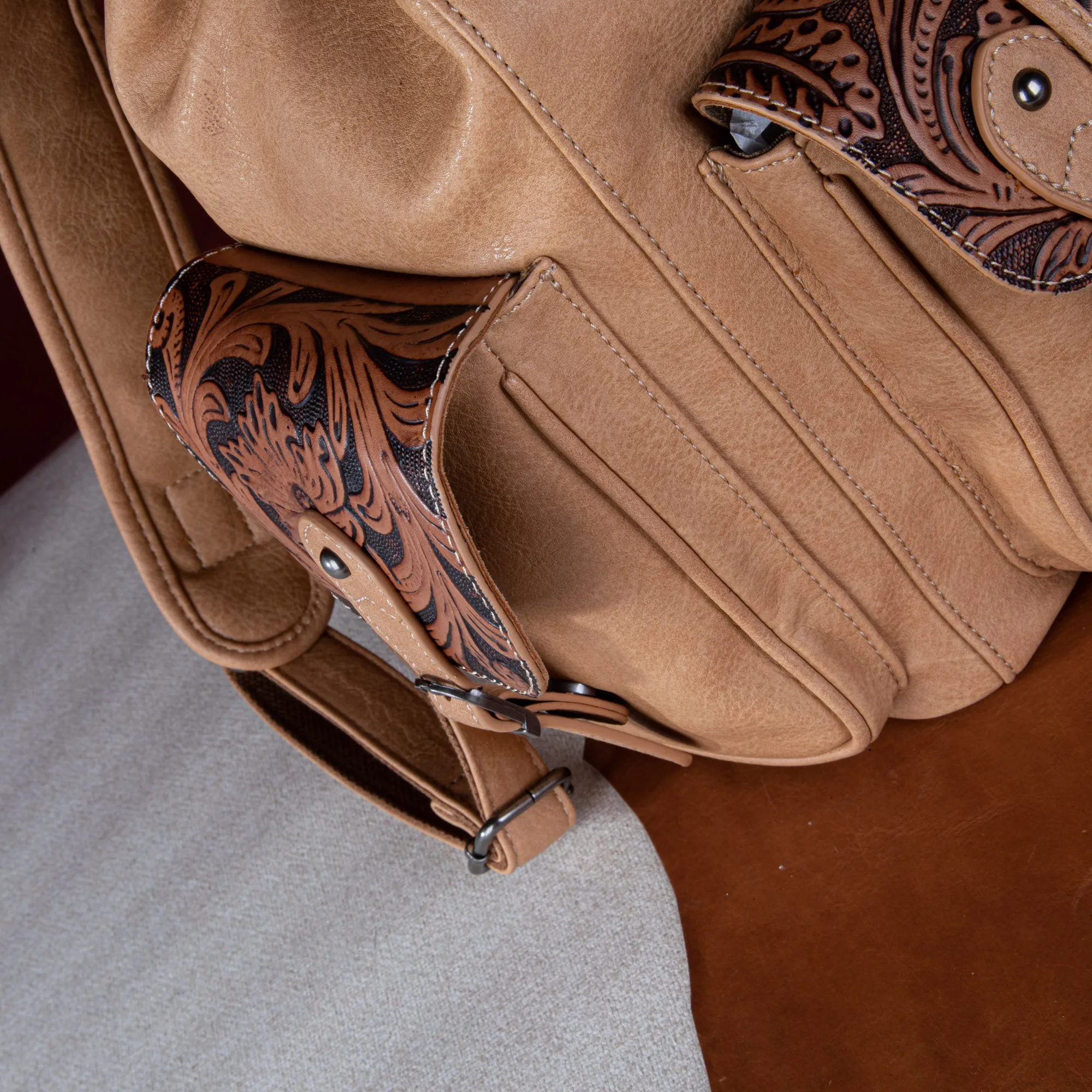 WG12-9110B  Wrangler Vintage Floral Tooled Backpack - Light Brown
