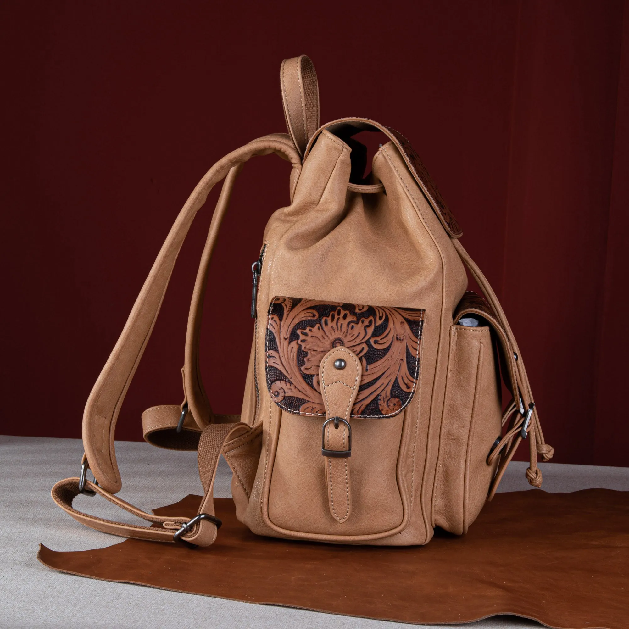 WG12-9110B  Wrangler Vintage Floral Tooled Backpack - Light Brown