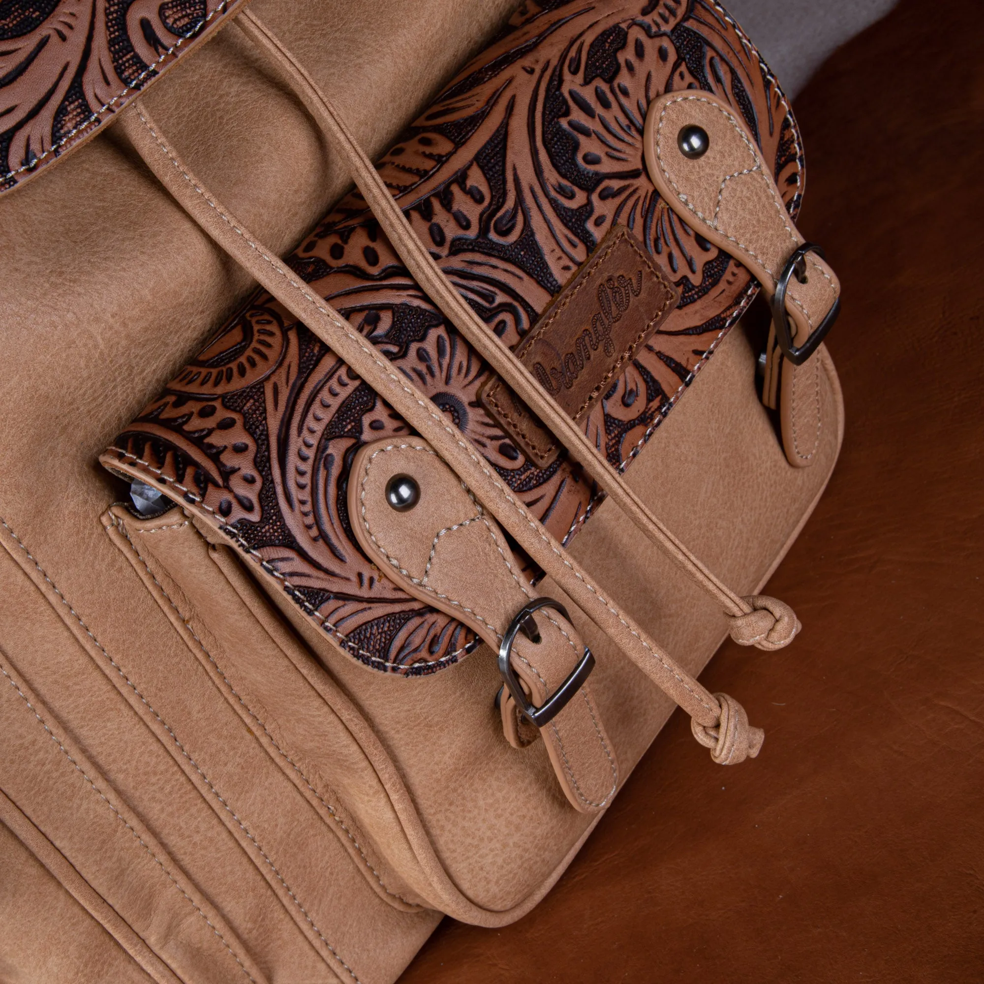 WG12-9110B  Wrangler Vintage Floral Tooled Backpack - Light Brown