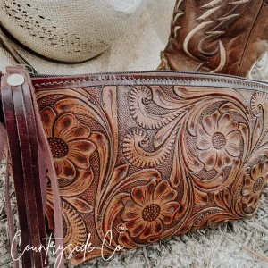 Whiskey Tooled Leather Wristlet - Toiletry Bag