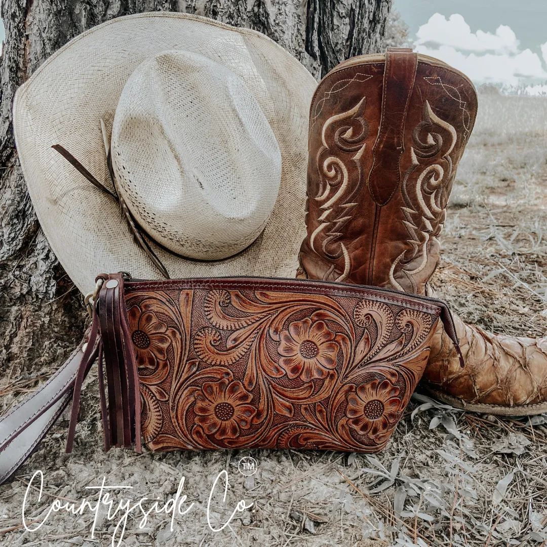 Whiskey Tooled Leather Wristlet - Toiletry Bag