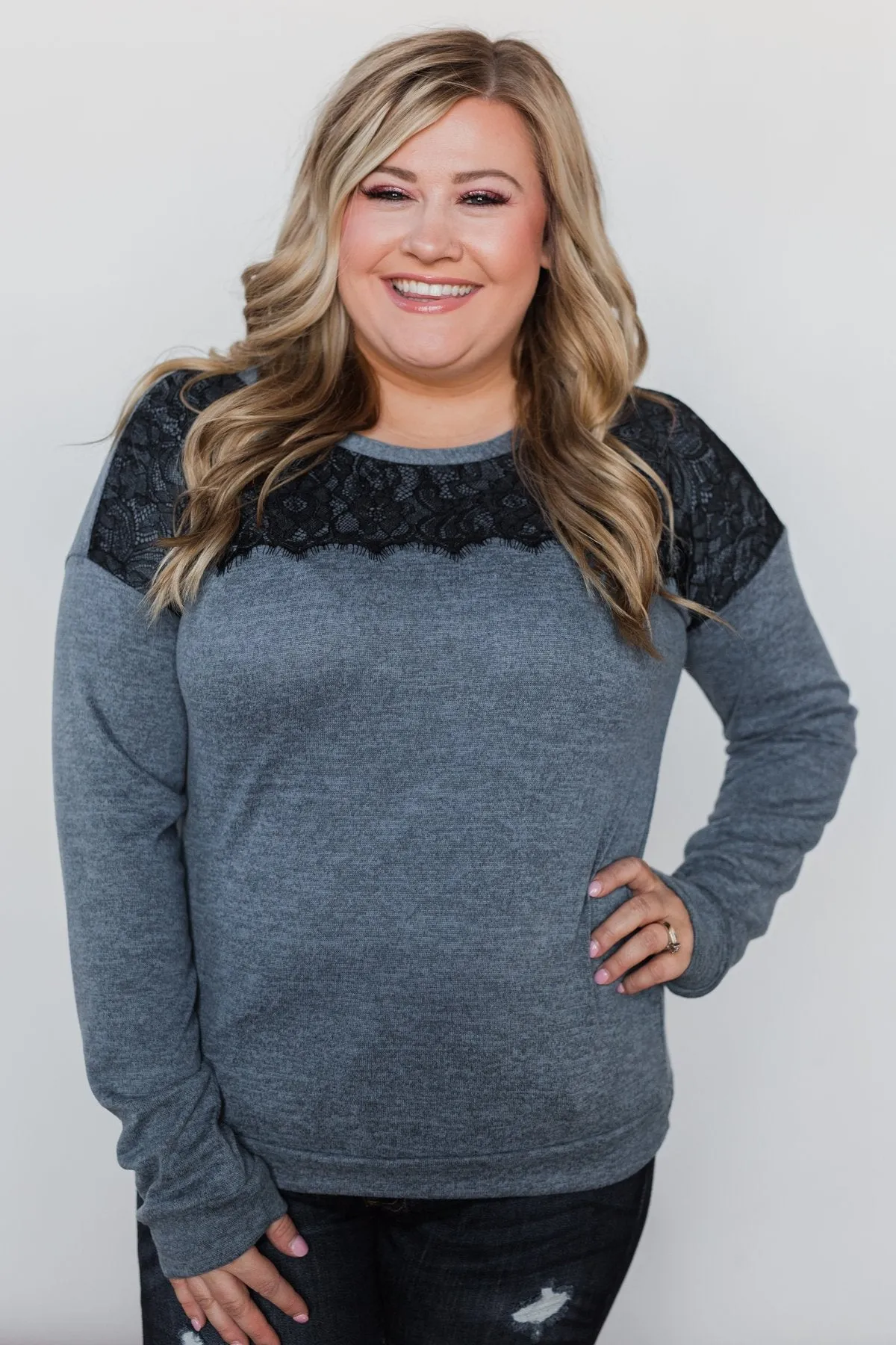 Winter Nights Lace Trimmed Top - Slate Blue