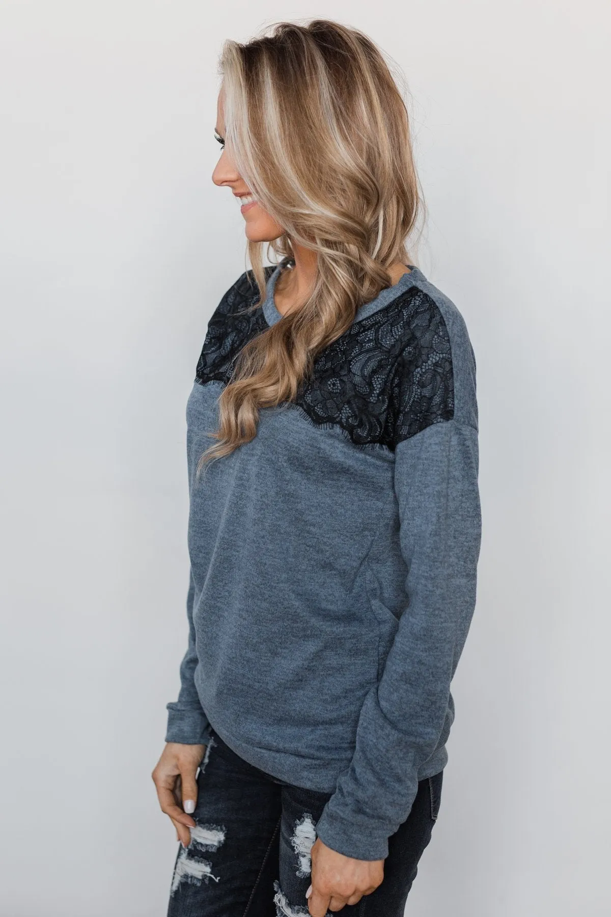 Winter Nights Lace Trimmed Top - Slate Blue