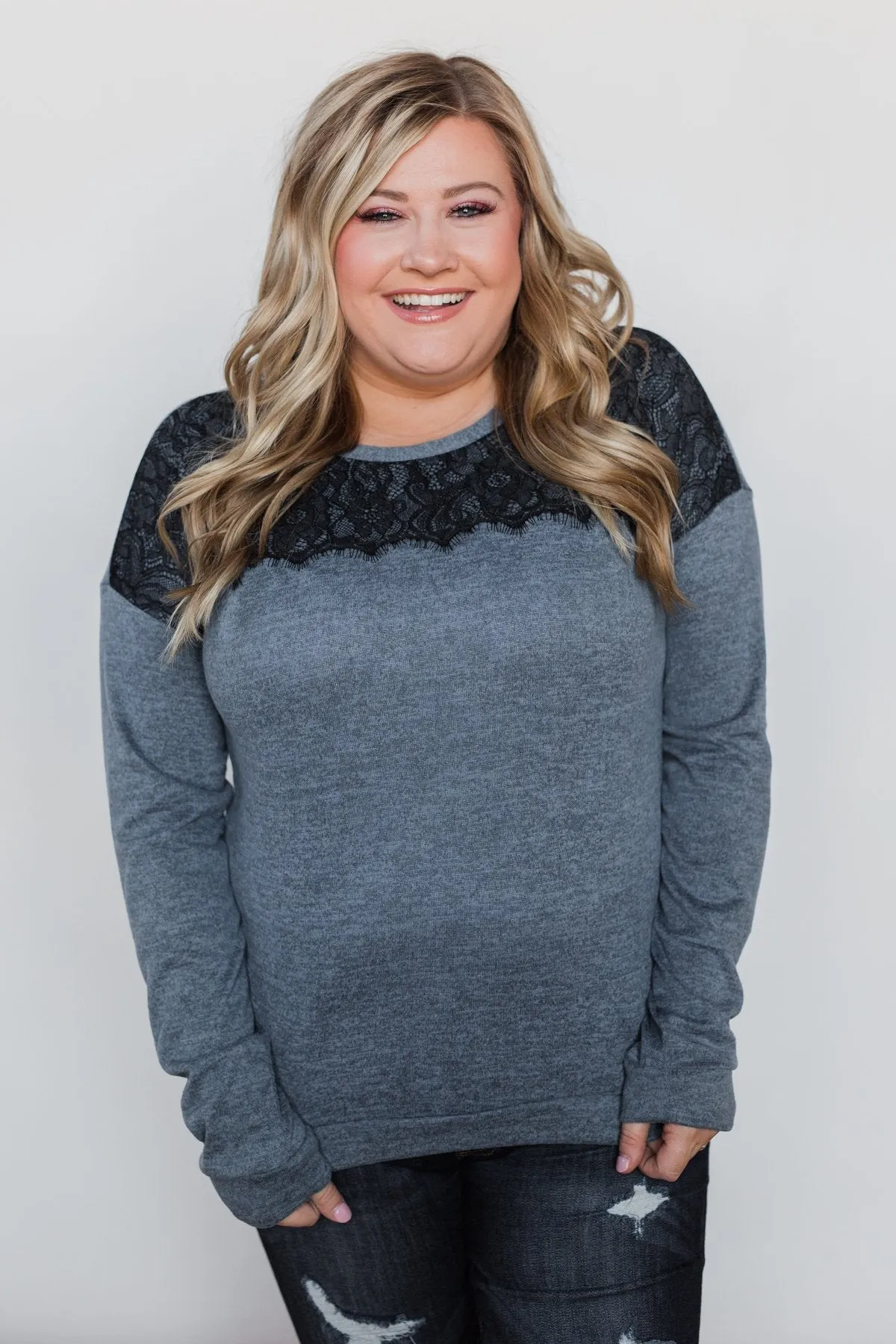 Winter Nights Lace Trimmed Top - Slate Blue