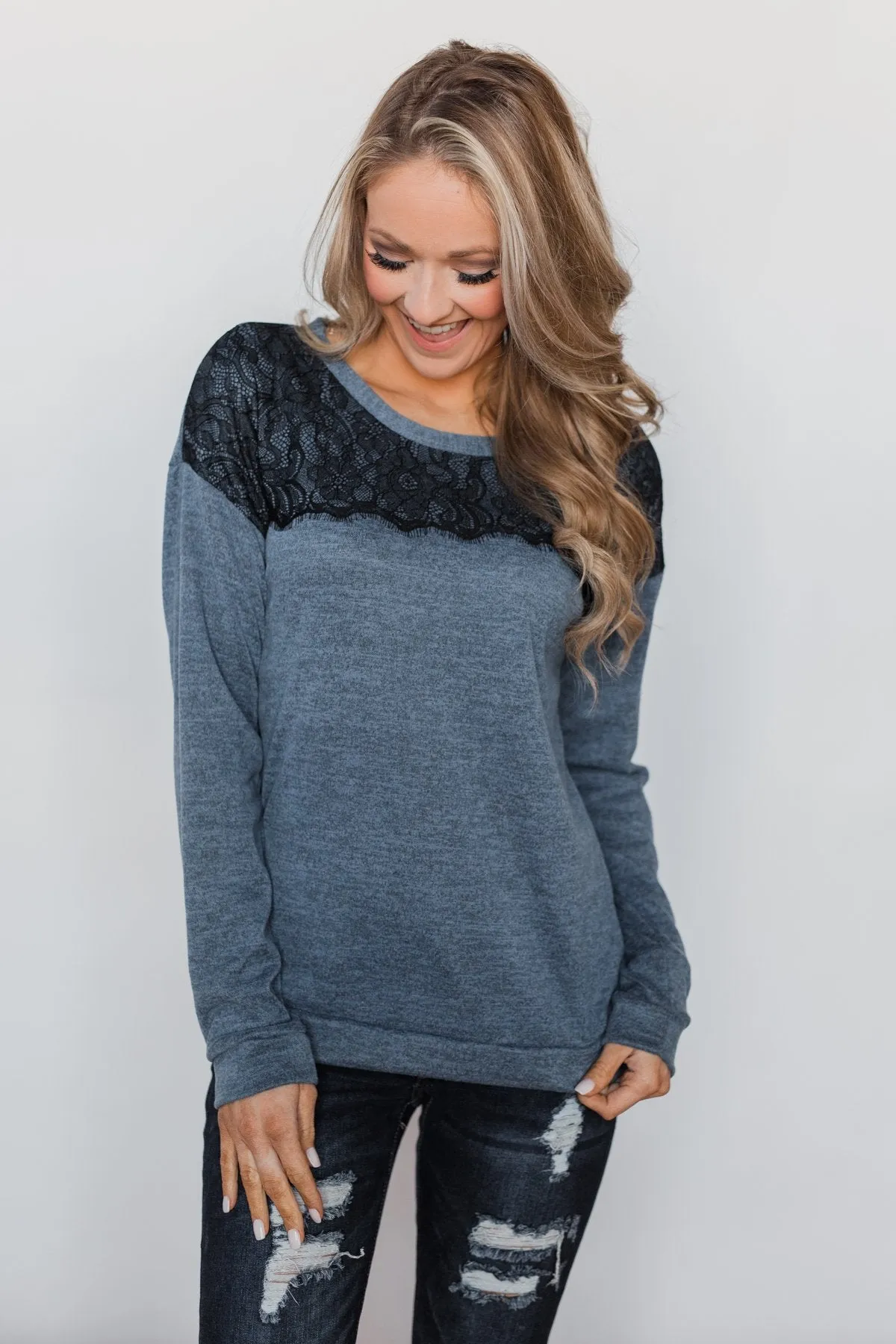 Winter Nights Lace Trimmed Top - Slate Blue
